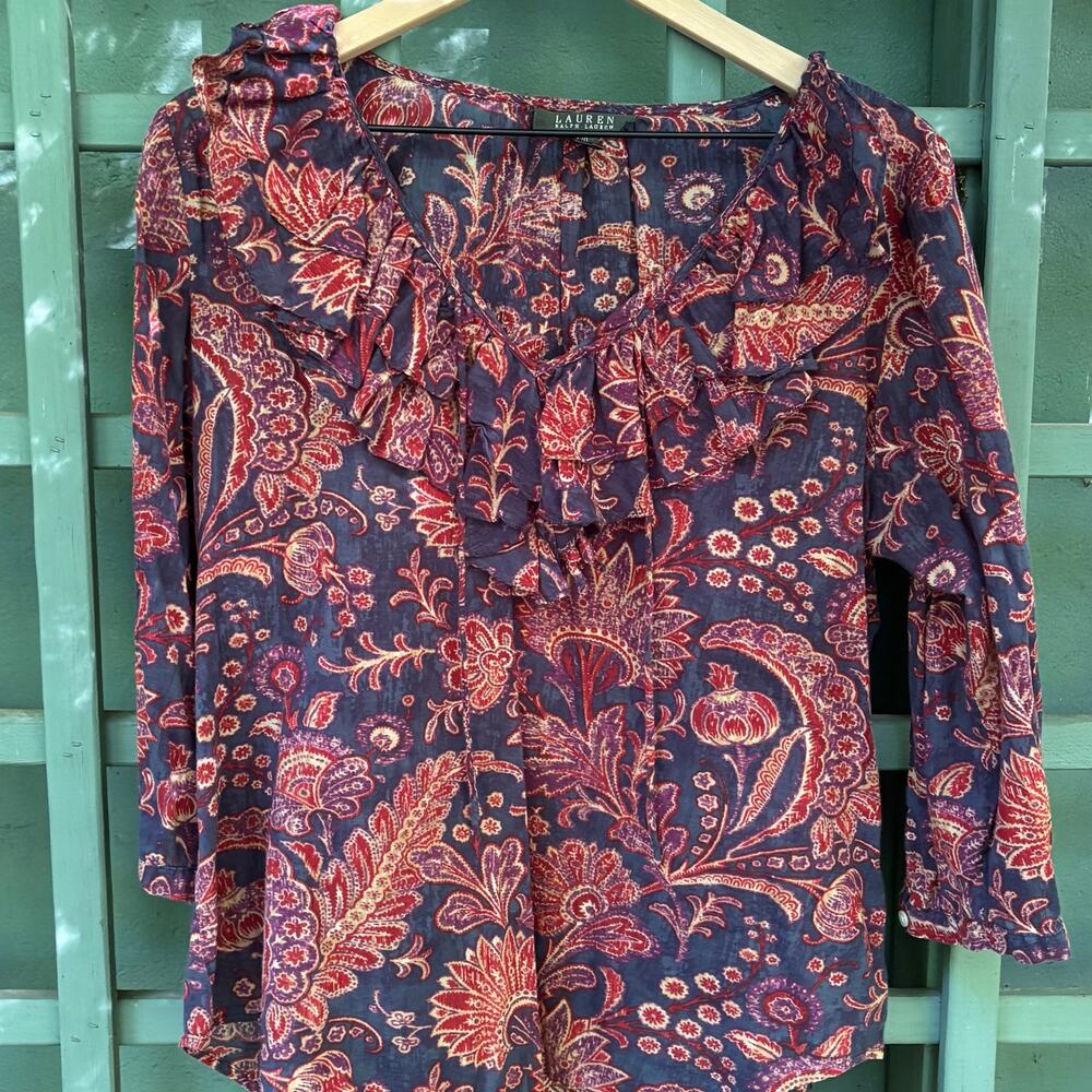 Ralph Lauren Ruffle Collar Paisley Blouse | Boho Chic Cottagecore | Size Large